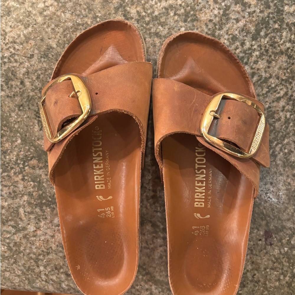 Birkenstock Tan Leather one strap Slides with Gold big Buckles